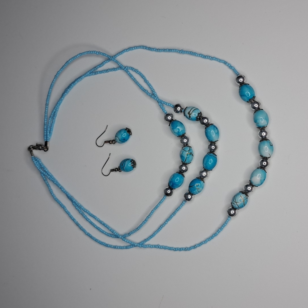 Light Blue Beaded Necklace Earrings Set